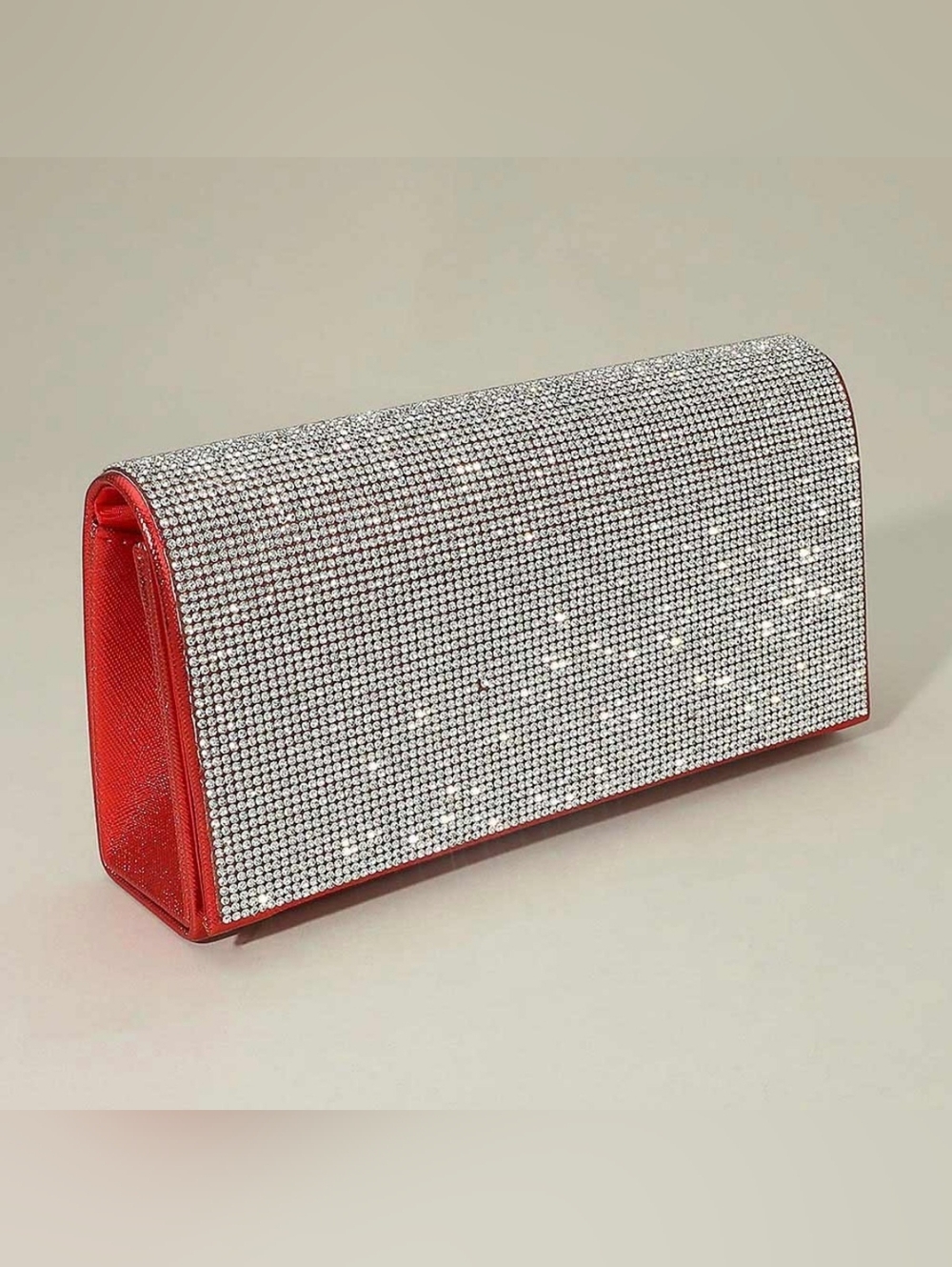 Red Bottom Silver Clutch Rhinestone Crystal Purse Bling Crossbody Bag